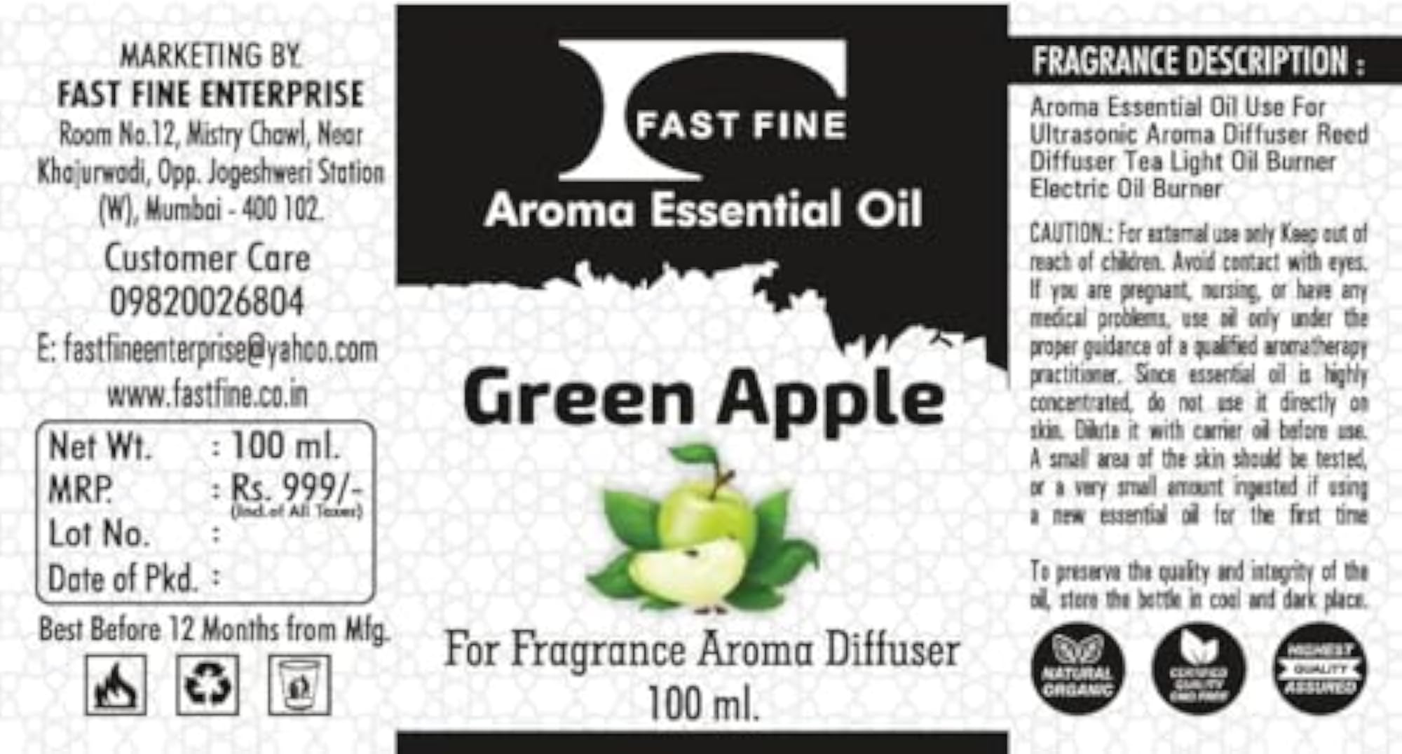 Fast Fine Diffuser Essential Aroma for Air Revitalizer, Green Apple 100ML